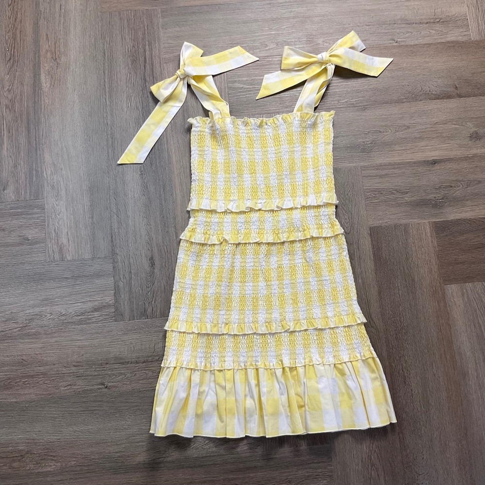 AQUA Gingham Smocked‎ Tiered Tie Shoulder Bows Dress Womens Medium Yellow White - Picture 2 of 8